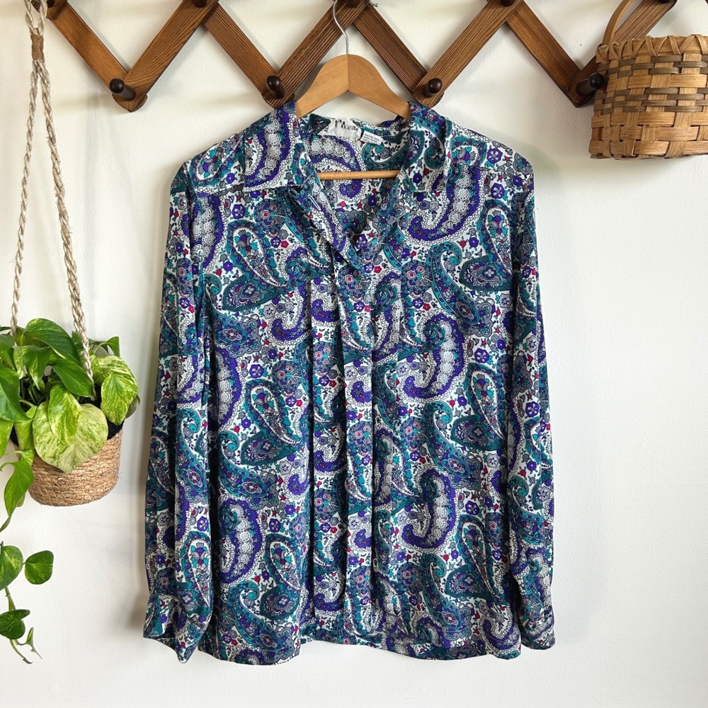 Vintage Alfred Dunner Paisley Floral Blouse Purple Teal Button Down Size 10